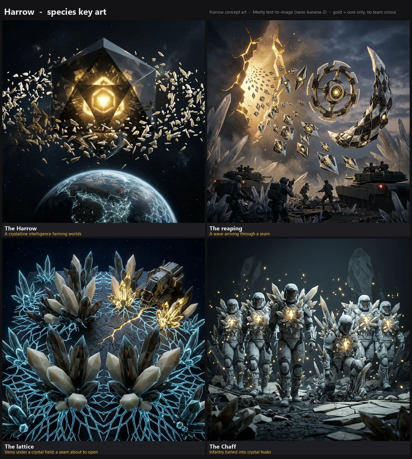Key art van de Harrow: een kristallijne intelligentie boven een planeet