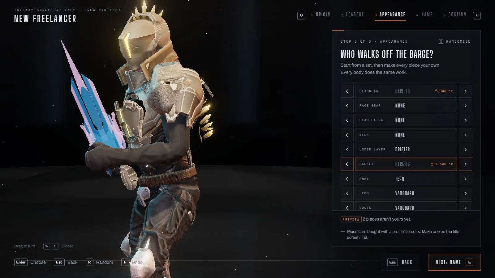 De character creator van Hush Money met een kostuum, wapen en uitrustingslijst