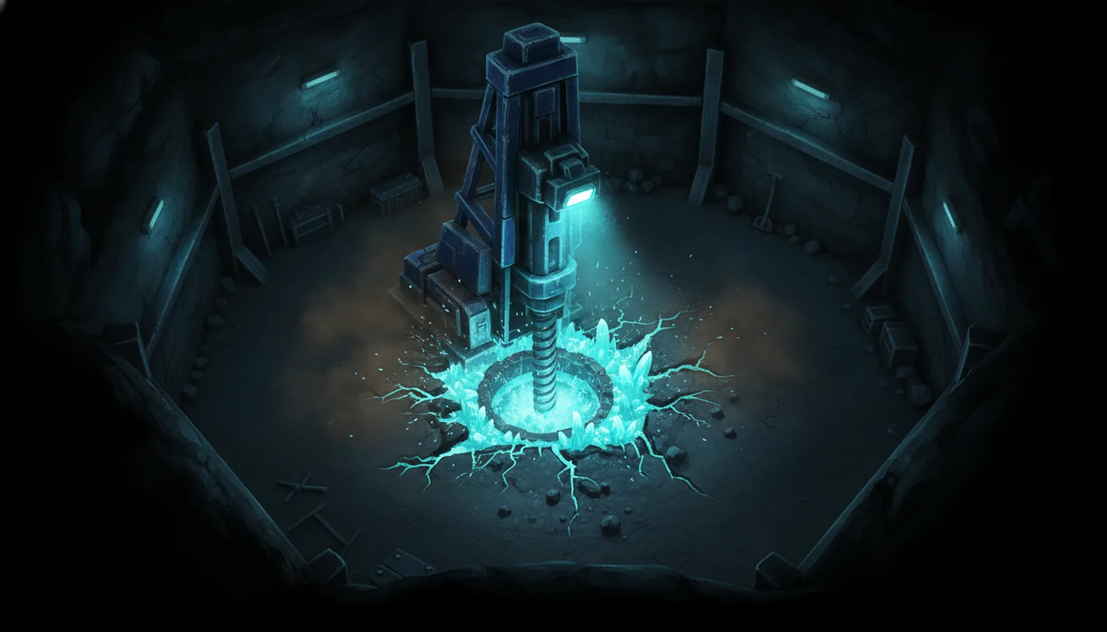 Concept art van een boortoren die een kristal opent
